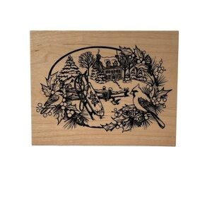 Vintage PSX Rubber Stamp K-2431 Winter Christmas Scene Oval Birds Sleigh House